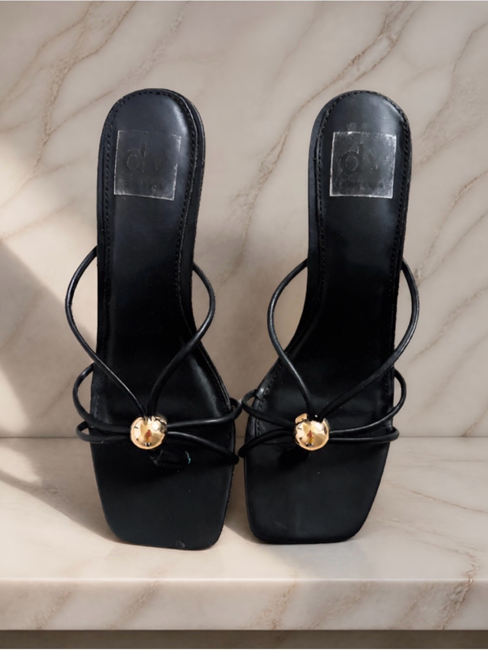 Dolce Vita Black Strappy Slide Heels with Gold Orb Detail